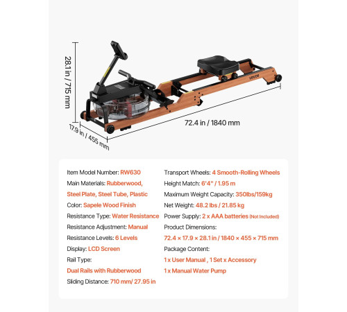 Веслувальний тренажер водний VEVOR, коричневий