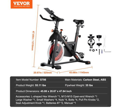 Велотренажер магнітний VEVOR S706, чорно-червоний