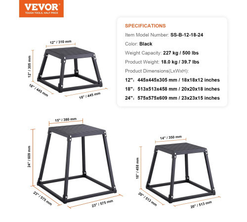 Пліометричний бокс VEVOR 30,5 - 45,8 см - 60,9 см, чорний