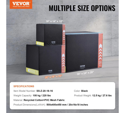 Пліометрична бокс VEVOR 20/18/16 дюймів, різнокольоровий