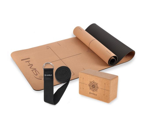 Килимок для йоги HMS YM10 з блоком KJ02 та ременем SJ02, коричневий