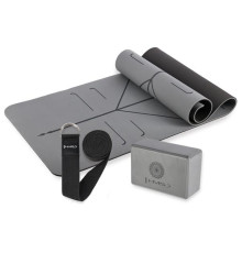 Килимок для йоги HMS YM10 з блоком KJ02 та ременем SJ02, сірий