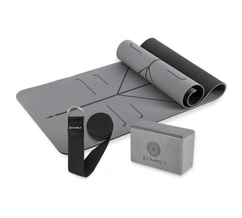 Килимок для йоги HMS YM10 з блоком KJ02 та ременем SJ02, сірий