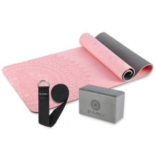 Килимок для йоги HMS YM10 з блоком KJ02 та ременем SJ02, рожевий