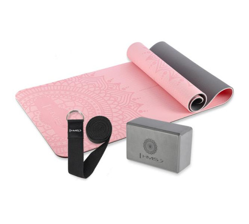 Килимок для йоги HMS YM10 з блоком KJ02 та ременем SJ02, рожевий