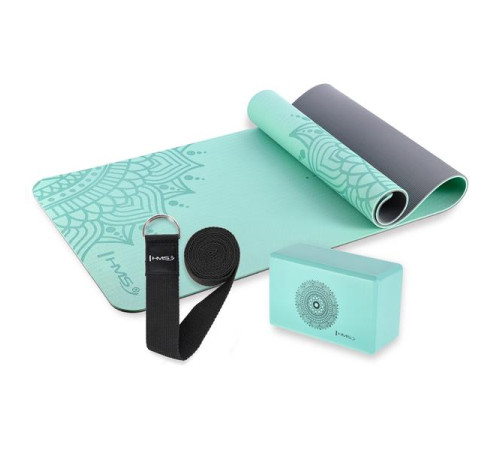 Килимок для йоги HMS YM10 з блоком KJ02 та ременем SJ02, м'ятний