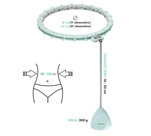 КОМПЛЕКТ ОБРУЧ HULA HOOP МАГНІТНИЙ ЗЕЛЕНИЙ HHM14 З ОБТЯЖУВАЛЬНИКОМ + ЛІЧИЛЬНИК HMS + ПІДТРИМКА НА ТАЛІЇ BR163 ЧОРНИЙ ПЛЮС РОЗМІР