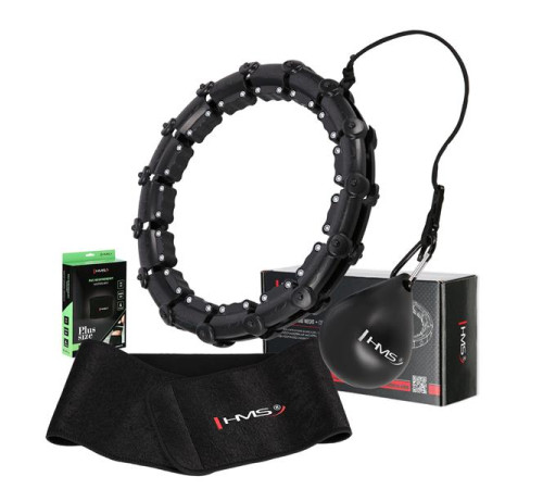 КОМПЛЕКТ HULA HOOP HHW02 ЧОРНИЙ З ОБтяжувачем HMS + ПІДТРИМКА НА ТАЛІЇ BR163 ЧОРНИЙ ПЛЮЗ РОЗМІР