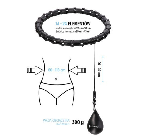КОМПЛЕКТ HULA HOOP HHW02 ЧОРНИЙ З ОБтяжувачем HMS + ПІДТРИМКА НА ТАЛІЇ BR163 ЧОРНИЙ ПЛЮЗ РОЗМІР
