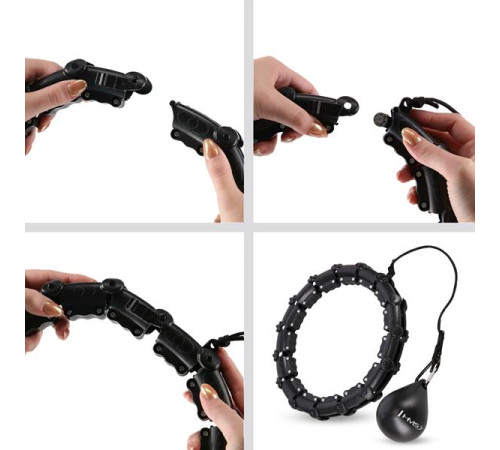 КОМПЛЕКТ HULA HOOP HHW02 ЧОРНИЙ З ОБтяжувачем HMS + ПІДТРИМКА НА ТАЛІЇ BR163 ЧОРНИЙ ПЛЮЗ РОЗМІР