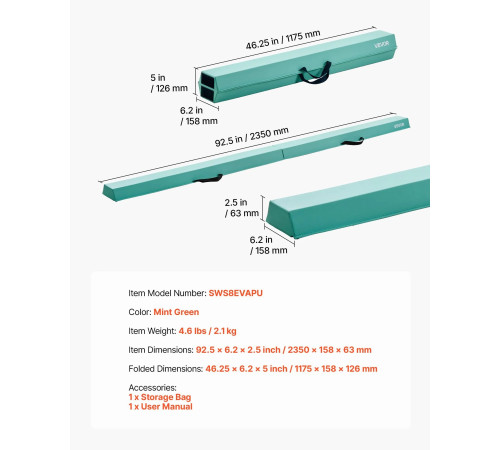 Дитяча гімнастична балка VEVOR SWS8EVAPU 2,35, м'ятно-зелений