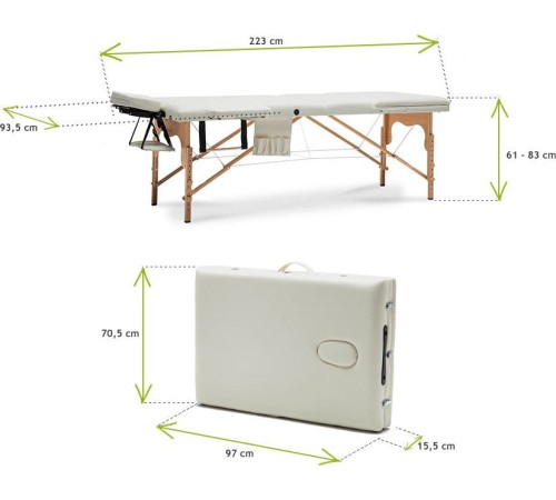 Масажний стіл Bodyfit XXL 3-сегментний дерев'яний, білий