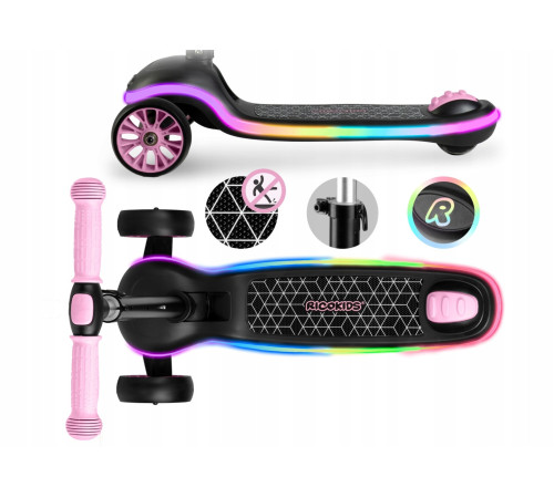 Дитячий самокат триколісний Ricokids Leddi чорно-рожевий