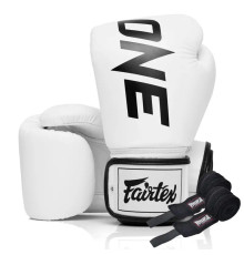 Рукавички боксерські шкіряні з бинтами Fairtex BGV1-ONE 10 унцій, білі