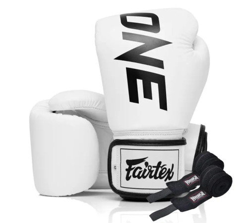 Рукавички боксерські шкіряні з бинтами Fairtex BGV1-ONE 10 унцій, білі