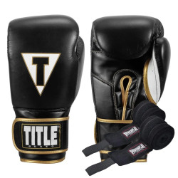 Рукавички боксерські шкіряні з бинтами TITLE Boxeo Mexican розмір 12 унцій, чорно-білі