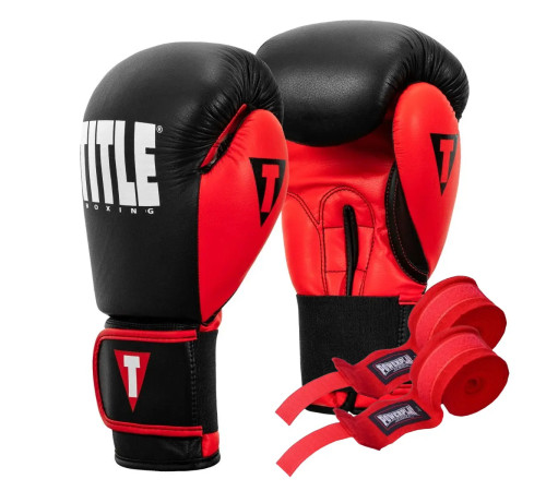 Рукавички боксерські шкіряні з бинтами TITLE Boxing Dynamic Strike розмір 16 унцій, чорно-червоні