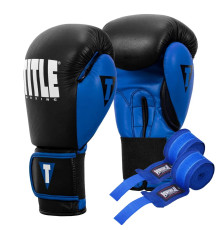 Рукавички боксерські шкіряні з бинтами TITLE Boxing Dynamic Strike розмір 14 унцій, чорно-сині