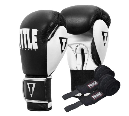 Рукавички боксерські шкіряні з бинтами TITLE Boxing Dynamic Strike розмір 14 унцій, чорно-білі