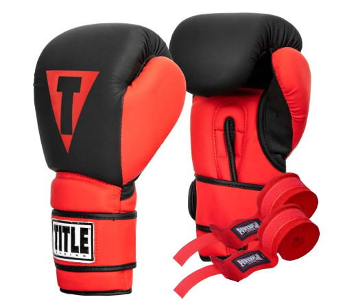 Рукавички боксерські з бинтами TITLE Boxing Guts and Glory розмір 14 унцій, чорно-червоні