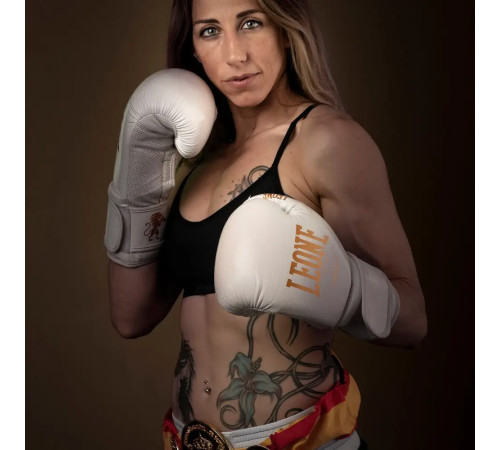 Рукавички боксерські з капою Leone GN059W розмір 14 унцій, біло-золотисті