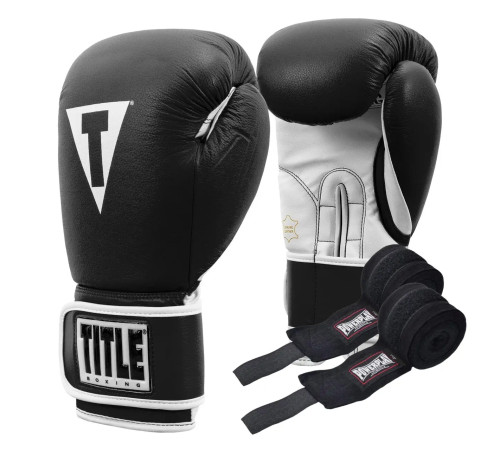 Рукавички боксерські шкіряні з бинтами TITLE Boxing Pro Style 3.0 розмір 14 унцій, чорно-білі