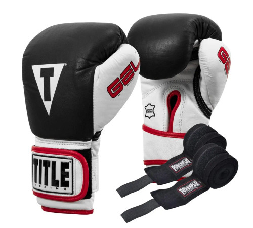 Рукавички боксерські шкіряні з бинтами TITLE Boxing Gel розмір 12 унцій, чорні