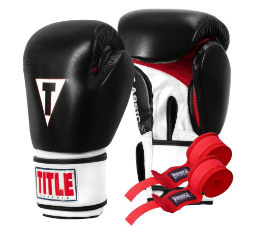 Рукавички боксерські шкіряні з бинтами TITLE Classic Leather 2.0 розмір 14 унцій, чорно-білі