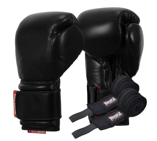 Рукавички боксерські шкіряні з бинтами TITLE Boxing Ko-Vert розмір 12 унцій, чорні