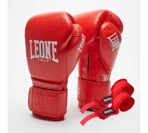 Рукавички боксерські шкіряні з бинтами Leone GN111 THE GREATEST розмір 10 унцій, червоні