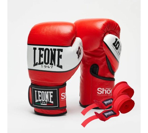 Рукавички боксерські шкіряні з бинтами Leone GN047 SHOCK розмір 12 унцій, червоні