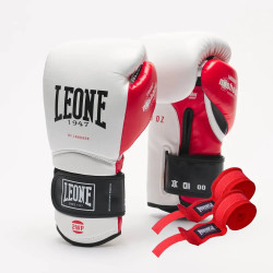 Рукавички боксерські з бинтами Leone GN113 IL TECNICO N3 розмір 10 унцій, біло-червоні