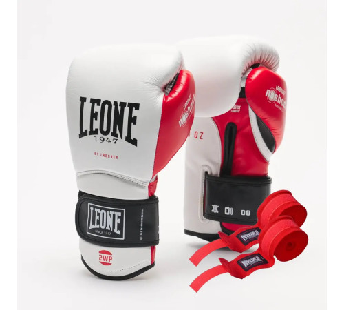Рукавички боксерські з бинтами Leone GN113 IL TECNICO N3 розмір 10 унцій, біло-червоні