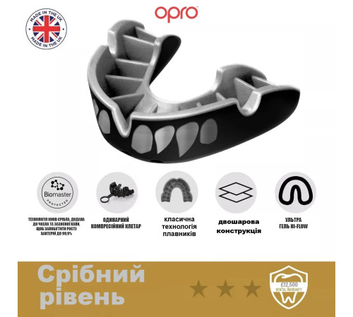 Капа боксерська доросла OPRO Silver Jaws від 11 років срібляста