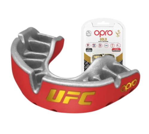 Капа боксерська доросла OPRO Gold UFC від 11 років червоно-срібляста