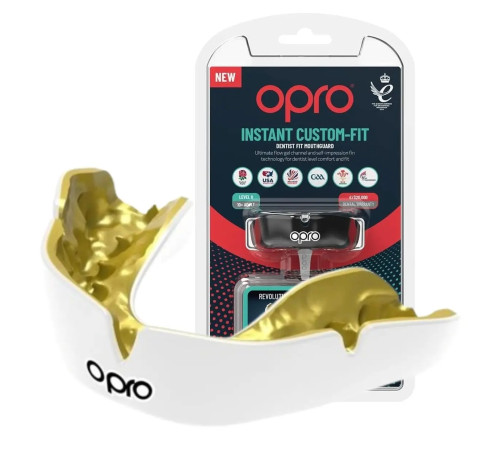 Капа боксерська доросла OPRO Instant від 11 років біло-золотиста