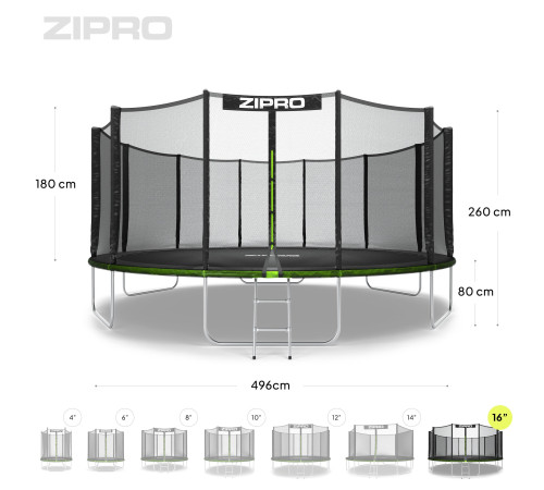 Батут Zipro Jump Pro з зовнішньою сіткою 16 футів 496 см чорно-зелений Батут Zipro Jump Pro з зовнішньою сіткою 16 футів 496 см чорно-зелений