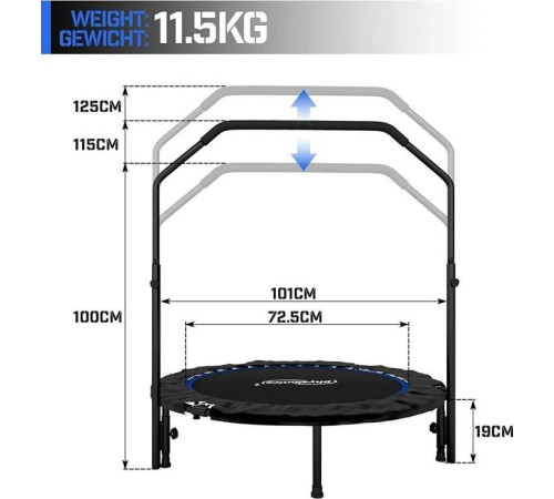 Батут для фітнесу Physionics JG86914 з поручнем 3,5 футів 101 см чорно-синій