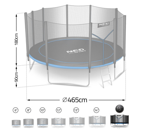 Батут Neo-Sport NS-15Z221 з зовнішньою сіткою 15 футів 465 см, чорно-синій