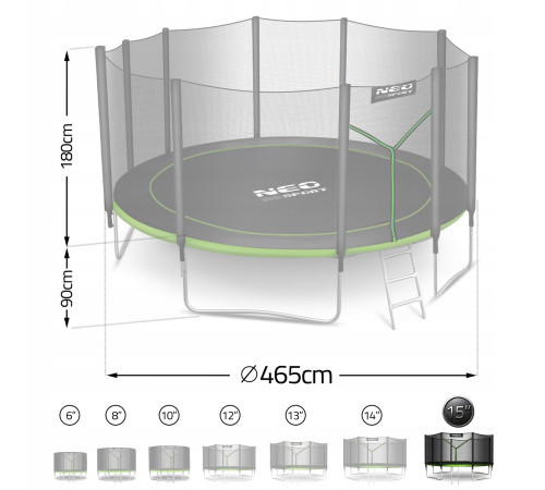 Батут Neo-Sport NS-15Z231 з зовнішньою сіткою 15 футів 465 см, чорно-зелений