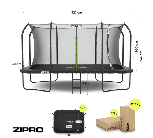 Батут Zipro Jump Pro Quadro з внутрішньою сіткою 8 x 14 футів 427 x 244 см чорний