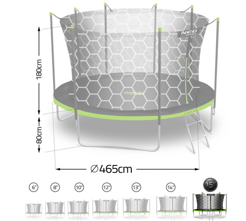 Батут Neo-Sport NS-15Z241 з внутрішньою сіткою 15 футів 465 см, чорно-зелений