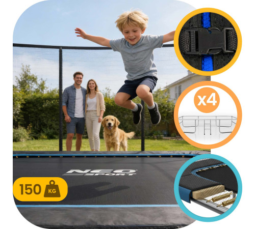 Батут Neo-Sport з зовнішньою сіткою 12 x 8 футів 244 х 366 см, чорно-синій