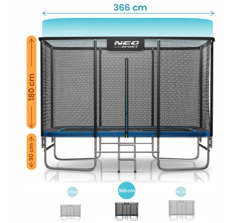 Батут Neo-Sport з зовнішньою сіткою 12 x 8 футів 244 х 366 см, чорно-синій