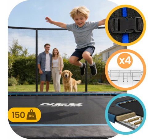 Батут Neo-Sport з зовнішньою сіткою 12 x 8 футів 244 х 366 см, чорно-синій