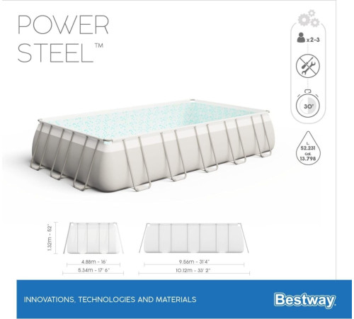 Басейн каркасний прямокутний Bestway Power Steel 956 х 488 х 132 см - білий Басейн каркасний прямокутний Bestway Power Steel 956 х 488 х 132 см - білий
