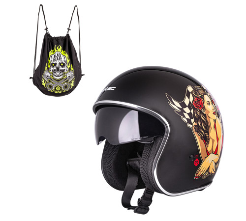 Мотоциклетний шолом з козирком W-TEC V537 Black Heart chopper - XS(53-54)/чорний блиск-hot rod angel