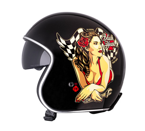 Мотоциклетний шолом з козирком W-TEC V537 Black Heart chopper - XS(53-54)/чорний блиск-hot rod angel