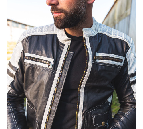 Чоловіча шкіряна мото куртка W-TEC Esbiker - чорно-біла/3XL