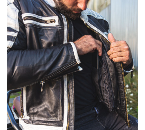 Чоловіча шкіряна мото куртка W-TEC Esbiker - чорно-біла/3XL